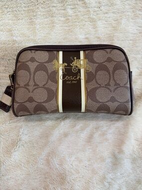 Coach Brown Signature Canvas Stripe Cosmetic Pouch with Gold Logo